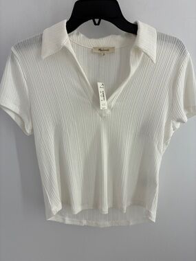 Madewell Cream Ribbed V-Neck Polo Tee - Medium
